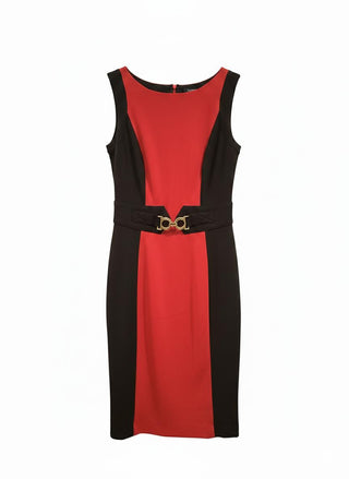 Red and black dress with a gold belt on a white background