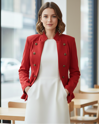 Woman wearing a red jacket over a white dress in a modern cafe setting