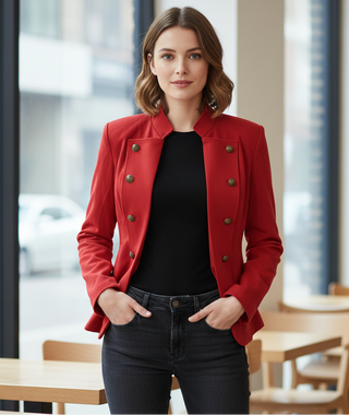 Woman wearing a red jacket in a modern cafe setting