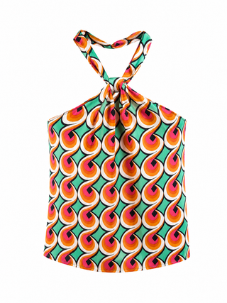 A halter-style sleeveless top with a vibrant retro geometric pattern featuring orange, pink, yellow, and white teardrop shapes on a green background.