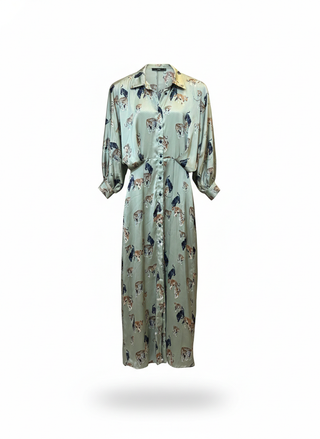 Long-sleeve dress with animal print on a white background