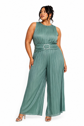 Sage Green Pleated Wide-Leg Belted Jumpsuit 