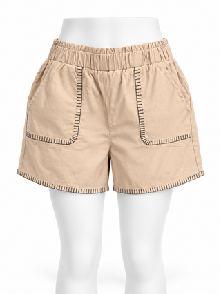 Sand Beige Contrast Stitch Pull-On Shorts