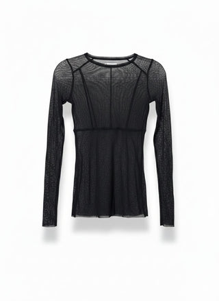 Black long-sleeve top with sheer mesh panels on a white background