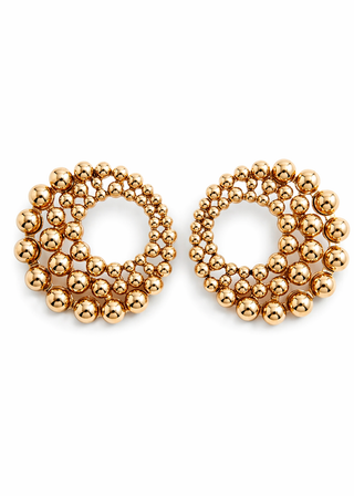 Pair of gold beaded earrings on a white background