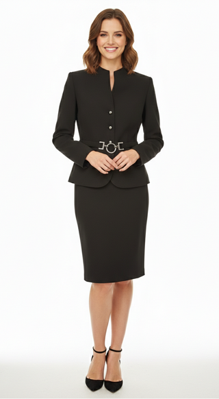 Woman wearing a black suit with a visible brand logo on a white background