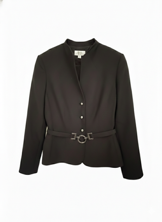 Black blazer with a belt on a white background