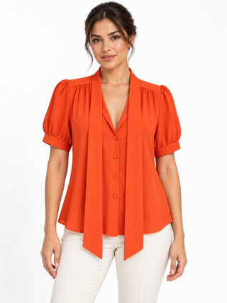 Tangerine Orange Puff-Sleeve Tie-Neck Button Blouse