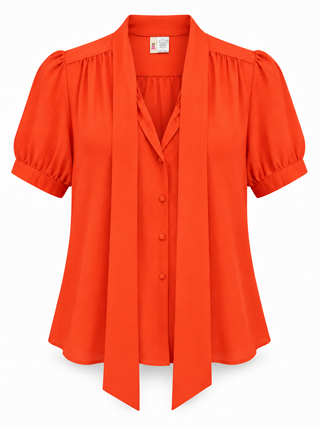Tangerine Orange Puff-Sleeve Tie-Neck Button Blouse