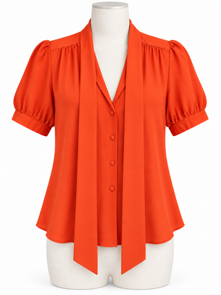 Tangerine Orange Puff-Sleeve Tie-Neck Button Blouse