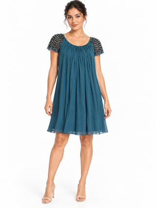 Teal Chiffon Beaded-Sleeve Gathered Babydoll Dress