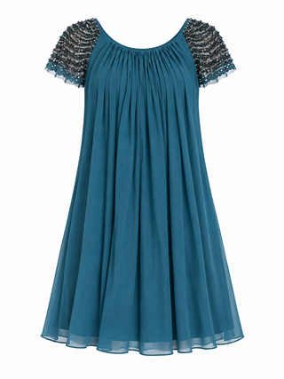 Teal Chiffon Beaded-Sleeve Gathered Babydoll Dress