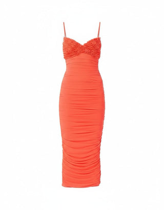 Orange dress with ruched bodice on a white background