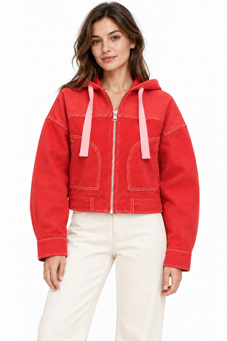 Urban Outfitters Red Cropped Denim Hooded Jacket
