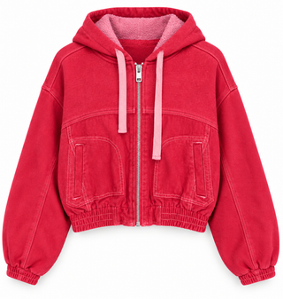 A cropped red hooded zip-up jacket with a pink fleece lining, pink drawstrings, and a silver zipper, shown against a plain white background.