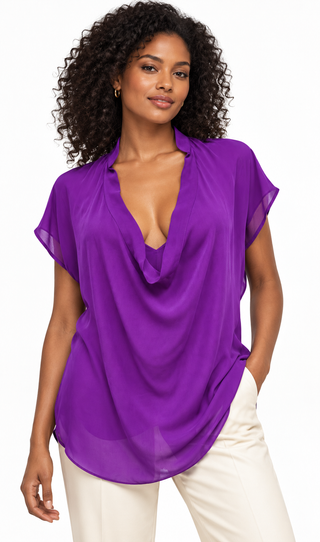 Violet Cowl-Neck Oversized Chiffon Blouse