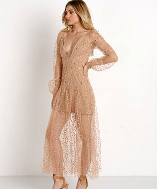 For Love & Lemons Gold Star Glitter Tulle Deep V Open Back Maxi Dress - Small