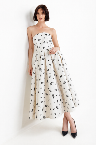 White Black Rose Print Strapless Pleated Full-Skirt Midi Dress
