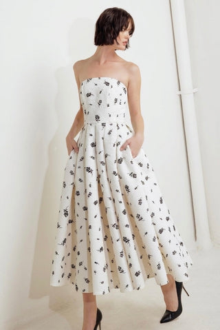 White Black Rose Print Strapless Pleated Full-Skirt Midi Dress