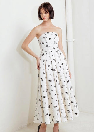 White Black Rose Print Strapless Pleated Full-Skirt Midi Dress