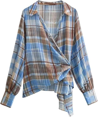 Plaid shirt with a wrap-style design on a white background