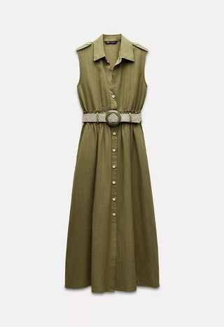 Green dress with a belt on a white background