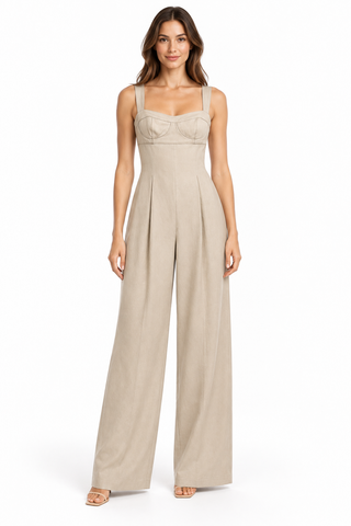 Zara Sand Beige Bustier Wide-Leg Jumpsuit