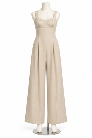 Zara Sand Beige Bustier Wide-Leg Jumpsuit