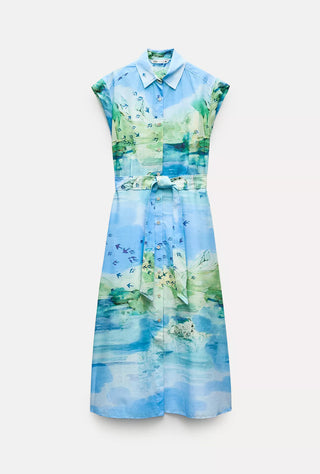 Sleeveless dress with a floral pattern on a white background