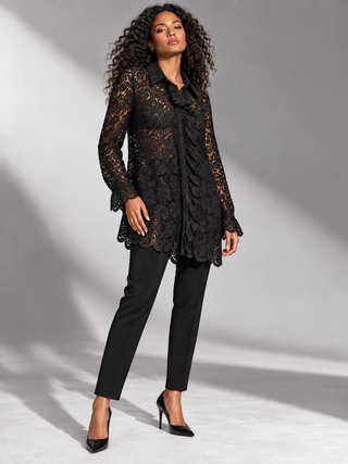 Zara Woman Black Floral Lace Ruffle-Front Tunic Blouse