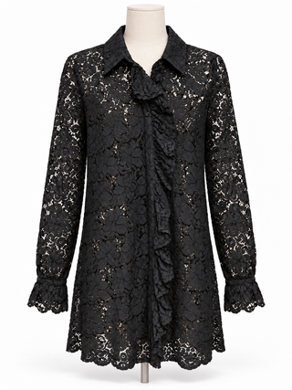 Zara Woman Black Floral Lace Ruffle-Front Tunic Blouse