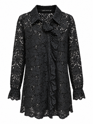 Zara Woman Black Floral Lace Ruffle-Front Tunic Blouse
