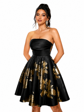 lack & Gold Jacquard Strapless Fit-and-Flare Dress